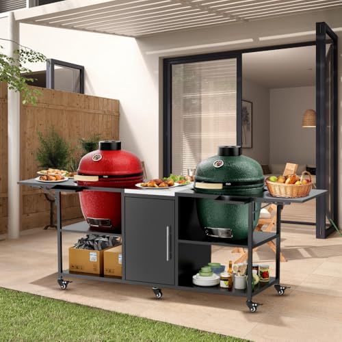 Heavy-Duty Outdoor Grill Cart for Kamado Style BBQ Grills, Steel Barbecue Table with Tool Storage Shelf and Wheels (Black and Silver + Metal + Stainless Steel)