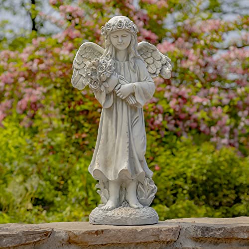 Zaer Ltd. 39" Tall Magnesium Angel Statue Figurines for Outdoor and Indoor Use (Holding a Bouquet of Flowers Sopia, Antique White)