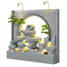 Zen Garden Landscape Waterfall Gray Rockery Fountain with LED Lights and Artificial Greenery – Tranquil Indoor/Outdoor Decorative Water Feature, Housewarming Gift(A)