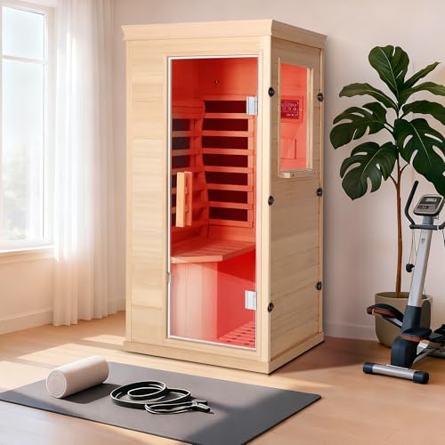 SiTimmGer 1 Person Infrared Sauna for Home, Canadian Hemlock Wood, 31.5"x27.5"x61"H Indoor Dry Sauna with Skylight & Side Window, Ergonomic Backrest, Bluetooth Speaker, Chromotherapy Lights, 110V