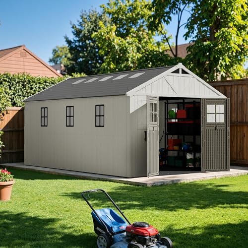 Devoko 10x16 FT Resin Outdoor Storage Shed with Floor, Beige
