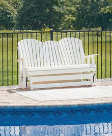 Signature Design by Ashley Hyland Wave Outdoor Glider Loveseat with Drop Down Table and Cup Holders White