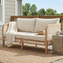 Christopher Knight Home Kirby Acacia Wood 2-Seater Outdoor Sofa Couch, Patio Loveseat Sofa with Cushions, Modern Love Seat with Wicker Accent, Spacious Seating Couch for Backyard/Porch, Natural+Beige