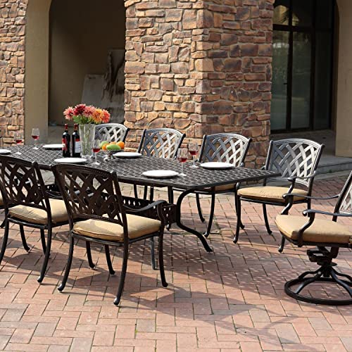 Darlee Ocean View 11 Pc Cast Aluminum Dining Set w/ 92 X 42 Inch Series 30 Extension Table & 2 Swivel Rockers in Antique Bronze/Sesame