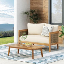 Christopher Knight Home Burchett Outdoor Loveseat and Coffee Table Set with Cushions - Acacia Wood and Rattan - Teak/Mixed Brown/Beige