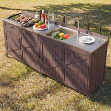 YATON Outdoor Grill Cart with 304 Stainless Steel Sink & Faucet, 40" Rolling BBQ Prep Table with Storage Cabinet & Locking Wheels, Wooden Outdoor Kitchen Island for Patio Backyard,Brown