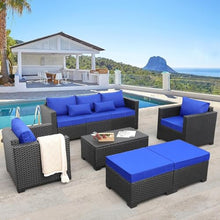 HTERWQEA 6 Piece Patio Furniture Set Outdoor Wicker Sectional Sofa, Conversation Couch with Royal Blue Cushions