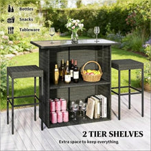 Hassyee 5 Pieces Outdoor Wicker Bar Set with Tempered Glass Tabletop and Strong Construction for Poolside, Garden, Patio Furniture Set with Two Tier Shelves for Balcony (Dark Gray)