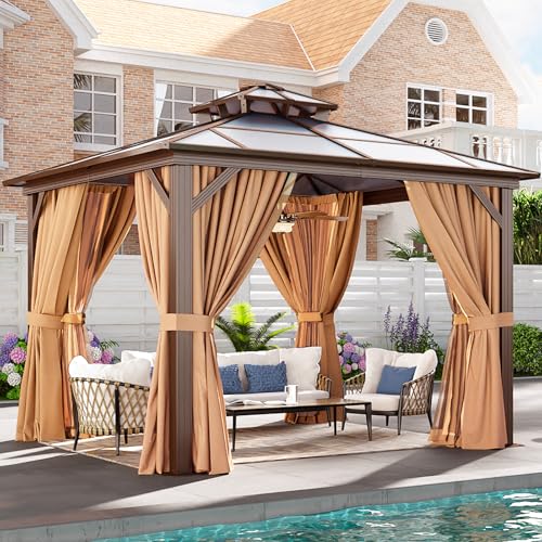 Aoxun 10'x10' Hardtop Gazebo with Netting and Curtains Brown
