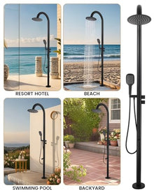CHALIRS 316 Marine Grade Stainless Steel Free Standing Outdoor Shower with Foot Wash, 3-Function Matte Black Shower Kit with 10''Rain Shower Head,Outdoor Shower Fixture for Yard Beach Poolside Garden