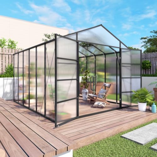 Greenhouse with Aluminium Alloy Frame and High Headroom for Growing Plants, Flowers, Outdoor Plant Green Houses with Drainage Gutter System and Double Door Design for Backyard