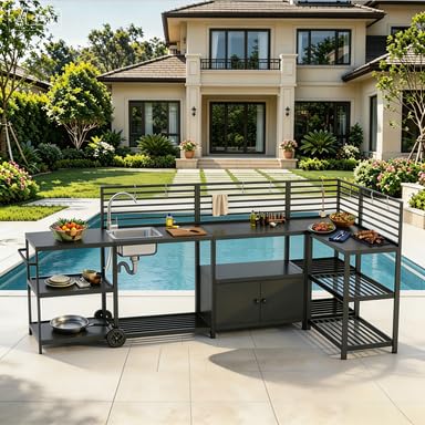 LEVELEVE Modular Outdoor Kitchen Island 5-Piece Set, Aluminum Outdoor Kitchen Cabinets Prep Station with Sink, Built-in Storage & Shelves for Patio, Backyard & Deck