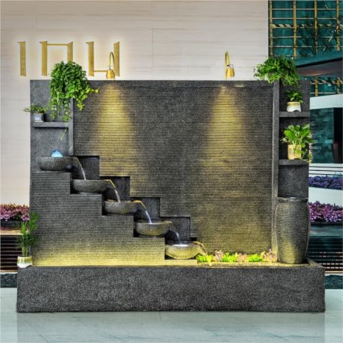 7.3ft Rockery 5-Tier Outdoor Fountain with LED Lights, Decorative Garden Patio Waterfall, Gray Cascading Indoor Fountain Wall Cascading Fountain for Home Decor(Small Left)