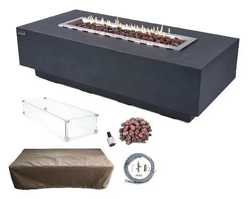 Elementi Granville Gas Fire Pit Cast Concrete Fire Table, Outdoor Fire Pit Electronic Ignition | Canvas Cover, Lava Rock Included | Free AMS Wind Guard | Dark Gray (Natural Gas)