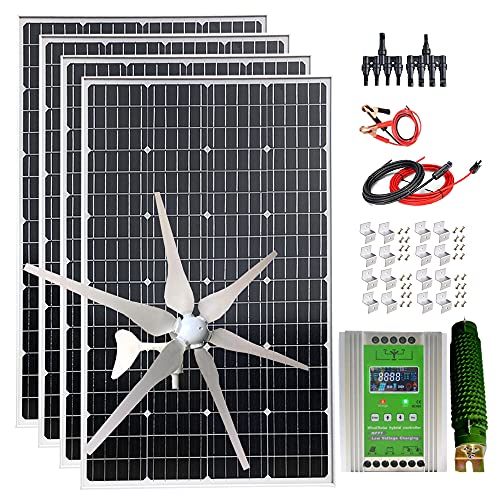 880W Solar Wind Hybrid System 12V/24V: 4pcs 120W Monocrystalline Solar Panel + 400W Wind Turbine Generator + Hybrid MPPT Charge Controller +Cables + Brackets