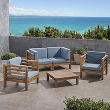 GDFStudio Outdoor 4 Seater Acacia Wood Loveseat Chat Set, Teak Finish and Blue