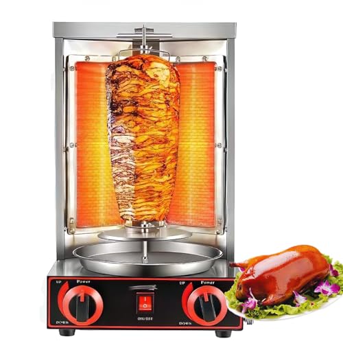Gyros Rotisserie Grill Electric Shawarma Machine Stainless Steel Vertical Oven with Oil Collecting Pan 360° Rotating Kebabs 300℃ Adjustment (Gas)