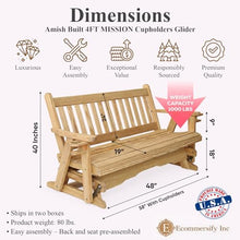 4 FT NATURAL Porch MISSION Glider Cupholders Bench for 2 Person, Amish-Made Pine Wood Patio Glider, Smooth Glide, Balanced Construction, Even Weight Distribution, Relaxed Seating Angle, Made in USA