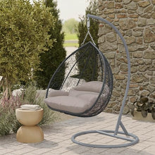 LeisureMod Hanging Egg Chair with Stand for Indoor Outdoor Wicker Patio Swing Chair Open Weave Basket Design with Cushion Metal Frame for Patio Garden Balcony (Grey Frame Taupe Cushion)