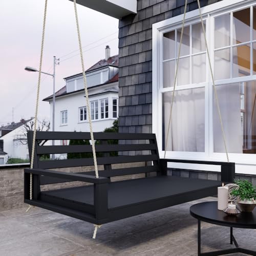 Amish Casual The Waterford Amish Crafted Hanging Bed Swing for Porch with Modern Backrest, Made in The USA from Kiln Dried Pine (Black Paint, Twin)