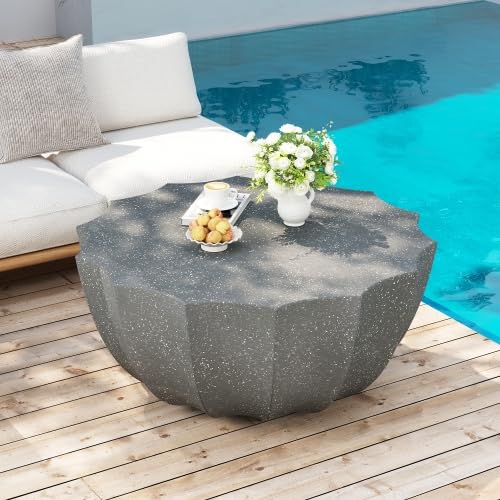35" Indoor Round Coffee Table, Waterproof Coffee Table Modern MgO Cement Design End Tables for Living Room, Outdoor Patio Coffee Tables for Garden, Backyard, Balcony, Grey