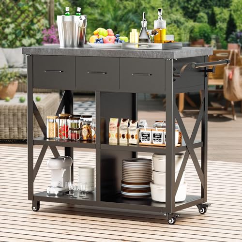 Big Leaf Premium Grill Cart - 150lb Capacity w/Solid Marble Countertop, 3 Storage Drawers & Locking Wheels | 39" Wide Heavy-Duty Waterproof BBQ Serving Table for Patio, Kitchen, or Outdoor Use