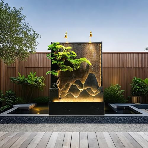 6.5ft Luxury Rockery Wall Fountain – Black & Gold Mountain Scene with LED Lights, Indoor/Outdoor 3-Panel Decor with Bonsai Tree(Black Left)
