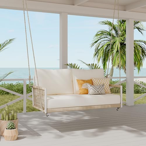 Merax 51.6" Length 1-Piece 2-Seats Woven Rope Outdoor Hanging Porch Swing Sofa with Soft Cushions for Patio,Beige