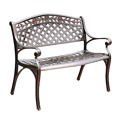 YHdtUO Outdoor Bench Metal Garden Bench for Front Porch Patio Garden Yard, 2-Person Outdoor Bench with Backrest and Armrest, Copper Color Cast Aluminum Garden Benche