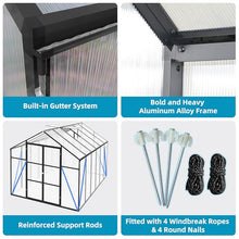 KEIKI Aluminum 8x12 FT Walk-in Polycarbonate Greenhouse, Outdoor Gardening Greenhouse with Raised Base, Roof Vent & Weather-Resistant Panels, Black