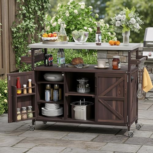 Merax 50" Outdoor Kitchen Grill Cart Island on Wheels with Stainless Steel Top,Farmhouse Style Solid Wood Frame Storage Cabinet for Backyard