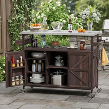 Merax 50" Outdoor Kitchen Grill Cart Island on Wheels with Stainless Steel Top,Farmhouse Style Solid Wood Frame Storage Cabinet for Backyard