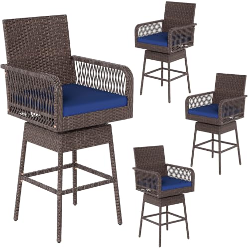 ORALNER 29" Outdoor Bar Stools Wicker Swivel Dining Chair Set of 4, Navy