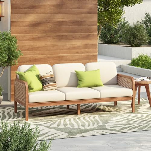 Christopher Knight Home Jidah Acacia Wood Outdoor 3 Seater Sofa with PE Wicker Armrest, Solid Wood Patio Sofa with Removable Cushion, Comfy Lounge Sofa for Patio Furniture Set, Light Teak+Beige