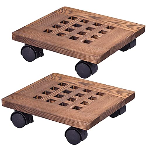 iumLeap 2Pcs Wooden Flower Pot Rack Removable Tray Plant Stand with Wheel Base Planter Flower Pot Mobile Trolley Board Frame Garden Home