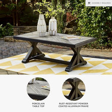 Signature Design by Ashley Beachcroft Farmhouse Weather and Rust Resistant Outdoor Coffee Table with Porcelain Tabletop, Black & Light Gray