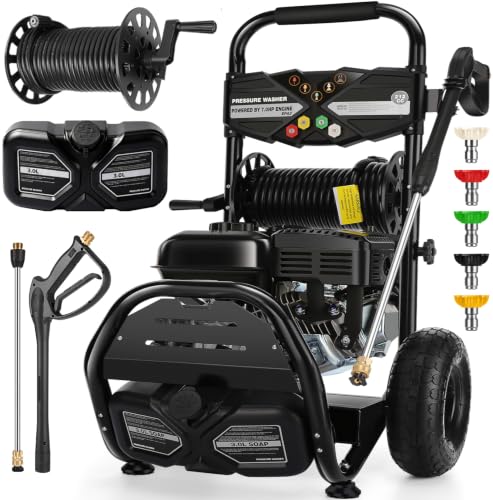 Professional 4000PSI Gas Pressure Washer, 4GPM 212CC 7.0 HP 10" Wheels Commercial Gas Power Washer with 3L Foam Bottle 5 Nozzles 32FT Hose for Home Car Fence Driveway (EPA/CARB/ETL Compliant), Black