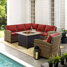 Crosley Furniture Bradenton 5-Piece Wicker Outdoor Sectional Sofa Set with Fire Pit Table Brown with Sangria Cushions