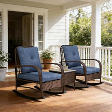 Hassyee 3 Pieces PE Rattan Bistro Set with 2 Rocking Chairs and 1 Coffee Table for Poolside, Lawn, Outdoor Furniture Set with Soft Cushions and Elegant Design Backrests for Balcony (Brown)