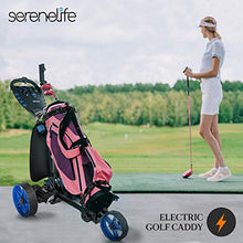 SereneLife 3-Wheel Electric Golf Push Cart - Rechargeable Lightweight Folding Walking Push Cart Roller Golf Bag Holder with Foot Brake, Upper/Lower Bracket with Elastic Strap, Umbrella Holder Assorted