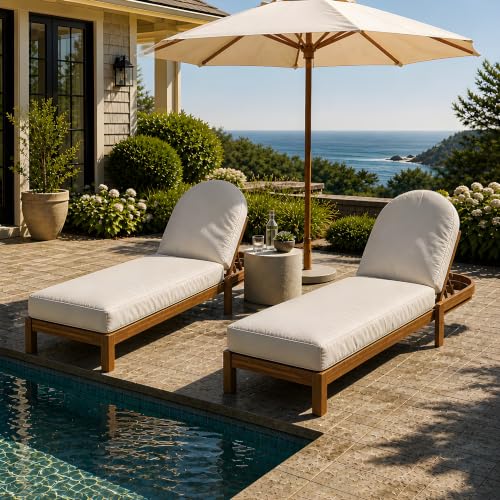 Seeheool Patio Acacia Wood Chaise Lounge Chairs with Adjustable Backrest Set of 2, Teak Finish Outdoor Reclining Chaise Lounger with Beige Cushion, Single Lounge Chair for Patio Backyard Poolside