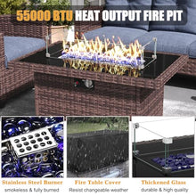 LayinSun 7-Piece Patio Furniture Set with Swivel Chairs and Fire Pit Table Brown/Navy Blue