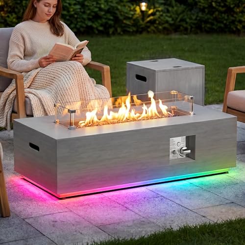 42" Rectangular Outdoor Propane Fire Pit Table with LED for Outside Patio