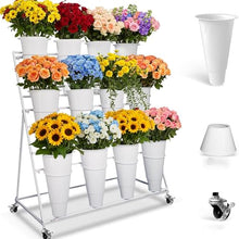 NLLATEI 3 Tier Heavy Duty Flower Display Stand with Wheels, Buckets & Handrails - Moving Plant Cart for Balcony Courtyard, Florist Pop-Up Events, Art Exhibitions