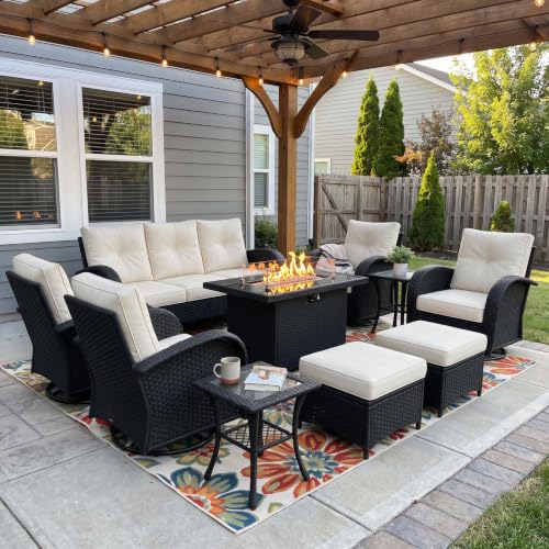 Vakollia 10 Pieces Patio Furniture Sets with Fire Pit Table, Wicker Rattan High Back Outdoor Swivel Rocking Chairs Set with 3-Seat Couch, Ottomans and Side Table