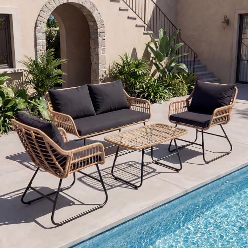 Garvee 4 Piece Patio Bistro Set, Outdoor Wicker Bistro Furniture Sets