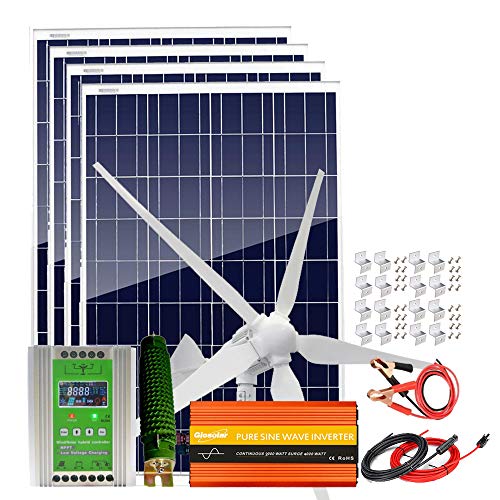 1400W 48V Wind Solar Kit with 2000W Power Inverter Off Grid System for Garden：1000W Wind Turbine Generator + 4pcs 100W Poly Solar Panel + Hybrid MPPT Charge Controller + Accessory