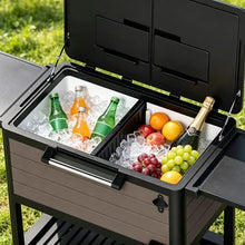 104 Quart Rolling Ice Chest, Portable Patio Party Cooler with Divider,Spacious 104-Qt Capacity, Chills 36hrs, Serving Tray, Rolling Ice Chest for Indoor and Outdoor Entertainment,Coffee Brown