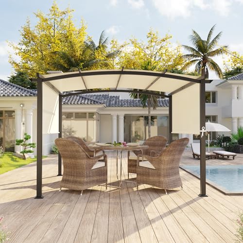 Meetleisure 10' x 10' Arched Top Outdoor Pergola, Pergola Canopy with with Adjustable and Retractable Canopy for Patio Use, Metal Pergola with Durable and Sturdy Frame & Water-Resistant Canopy, Beige