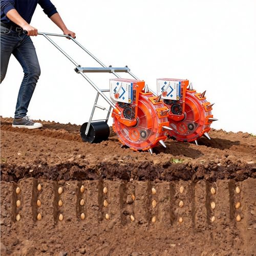 Large Double Wheel Corn Planter, Soybean Hand Seed Spreader, Adjustable Plant Spacing/Depth, Row Spacing, Includes 8 Seed Wheels for Planting Peanuts/Corn/Soybeans/Broad Beans/Rice/Wheat(12-Nozzle)
